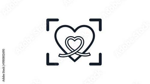 Simple outline illustration of a heart containing a looped awareness ribbon, symbolized within camera focus frame markers on white.