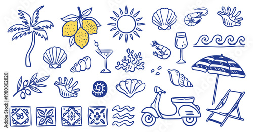 Hand Drawn Mediterranean Summer Doodle Vector Set, Lemon, Palm, Shell, Scooter, Beach Chair, Sun, Cocktail Outline Collection, mediterranean, summer doodle, beach vector, travel icons, coastal set
