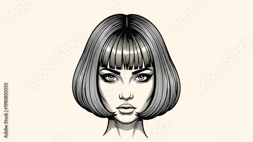 Detailed monochrome engraving-style portrait of a woman with a sleek bob haircut and striking eyes on a light background.