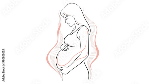 Gentle line drawing of a pregnant woman standing in profile, cradling her belly with her hands against a wavy background.