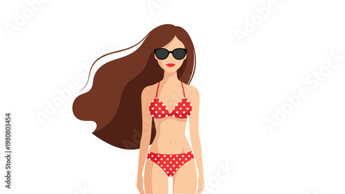 Beautiful young woman wearing red polka dot bikini and sunglasses stands against a white background with her long hair blowing in the wind.