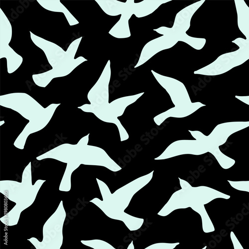 Abstract flying birds on simple background. Silhouettes of pigeons, doves daisy seamless pattern. Vector illustration for minimal textile fabric print design