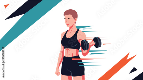 Strong woman with short hair lifting a dumbbell with dynamic geometric shapes in the background representing movement and strength in sport.