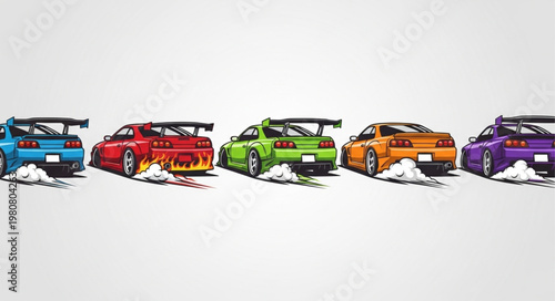 Five colorful pixel art sports cars with spoilers and smoke.