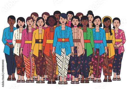A diverse group of women in traditional Indonesian attire stand united, embodying the Kartini spirit. A vibrant, stylized illustration promoting female empowerment and cultural heritage.