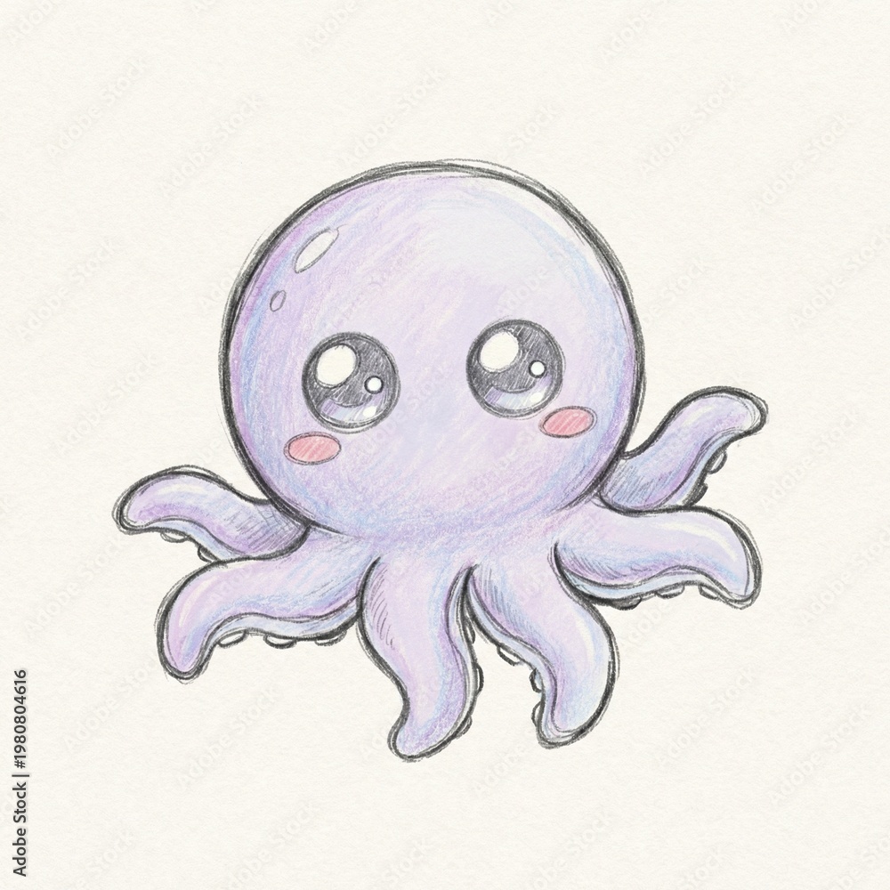 Fototapeta premium Charming hand-drawn illustration of an adorable, pastel purple octopus character with big, cute eyes, perfect for children's designs and marine-themed projects