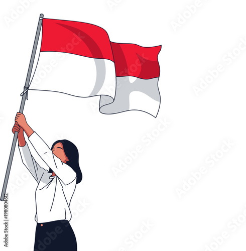 A woman proudly holds the Indonesian flag, symbolizing national pride. Bold colors and a dynamic composition create a vibrant, uplifting image.