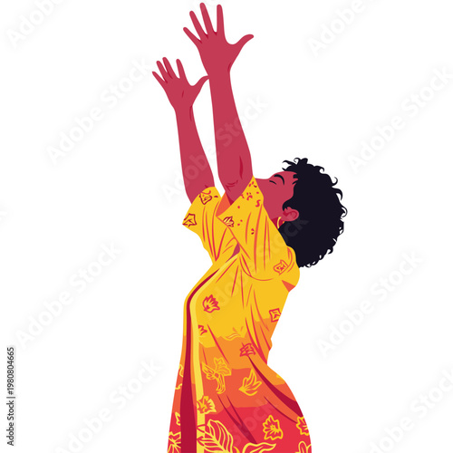 A vibrant illustration depicts a woman raising her arms in victory, radiating confidence and joy. Bold colors and dynamic pose create a powerful, uplifting image.