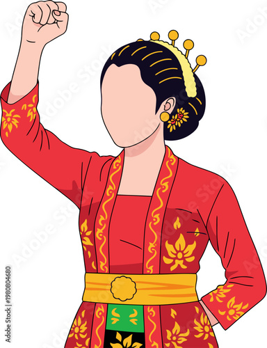 A stylized illustration features a woman in traditional Indonesian Kebaya, raising a fist in a powerful gesture. ?Fight Equality? text overlays the image. Vibrant colors and bold design.