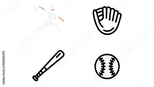 Baseball Essentials: Clean, minimalist icons depict the core elements of baseball. Perfect for conveying the essence of the game
