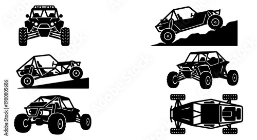 Off-road buggy vector silhouettes, 6 UTV and side-by-side vehicle icons, black extreme sports buggy set, all-terrain vehicle graphics for racing