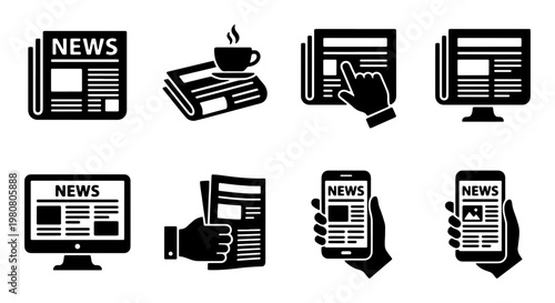 Newspaper and digital news icons set, 8 black vector symbols of journalism and media, online press and mobile news application graphics