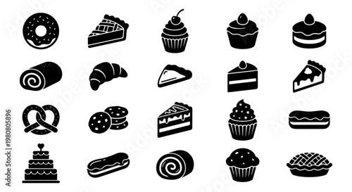 Bakery and pastry icon set, 20 black silhouette dessert symbols, sweet food collection for cafe menus and bakery branding, vector cake and bread graphics