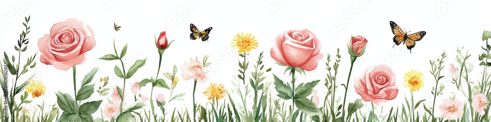 Obraz premium Watercolor flower border pink rose wildflower meadow summer garden butterfly green grass floral pattern nature background spring blossom botanical illustration Gentle watercolor flower border with