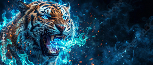 Roaring Tiger with Blue Flames and Copy Space Background