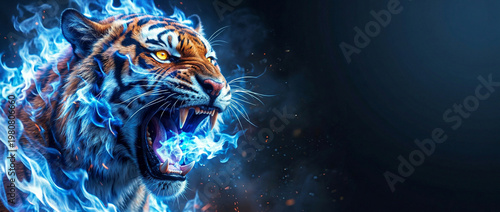 Roaring Tiger with Blue Flames and Copy Space Background