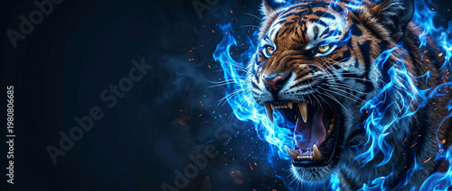 Roaring Tiger with Blue Flames and Copy Space Background