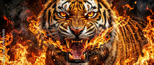 Roaring Tiger with Blue Flames and Copy Space Background