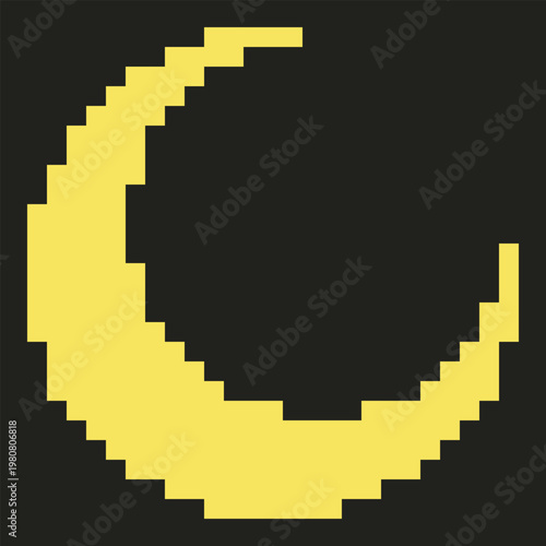 Vector retro pixel art geometric crescent shape.  Minimal 8-bit style frame and abstract design element isolated on background.