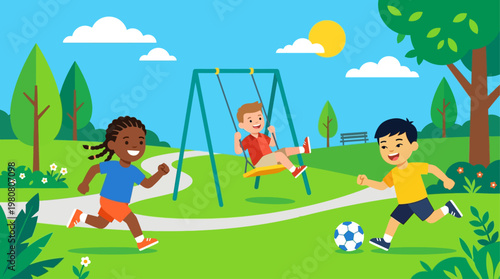 This flat design vector showcases the vibrant energy of peak summer with diverse children actively playing outdoors in a park. 