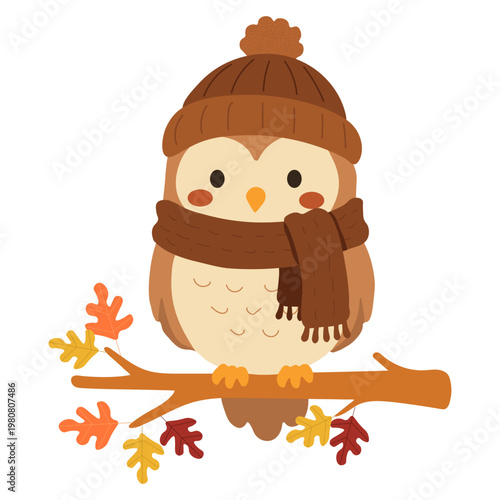 Owl sitting on tree branch wearing hat and scarf. Bird isolated on light background, representing autumn or winter season, forest wildlife, and nocturnal animal.