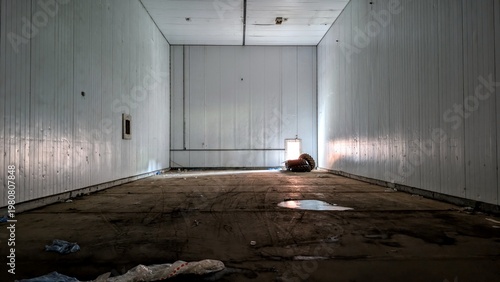Bare storage unit interior, large square empty room. Light shining through doorway, high ceiling and walls. Deserted logistics warehouse, industrial emptiness. Huge industry recession cargo container