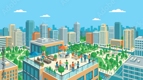 This flat design illustration captures the essence of peak summer urban life, showcasing a vibrant city skyline and people enjoying a rooftop terrace. The clean, modern vector portrays city leisure