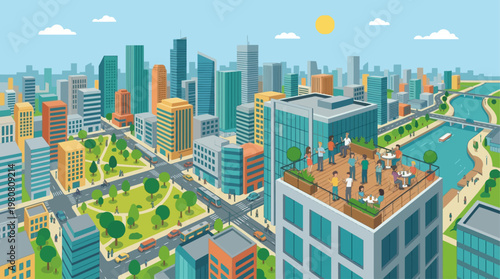 This flat design illustration captures the essence of peak summer urban life, showcasing a vibrant city skyline and people enjoying a rooftop terrace. The clean, modern vector portrays city leisure