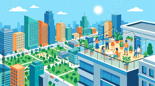 This flat design illustration captures the essence of peak summer urban life, showcasing a vibrant city skyline and people enjoying a rooftop terrace. The clean, modern vector portrays city leisure