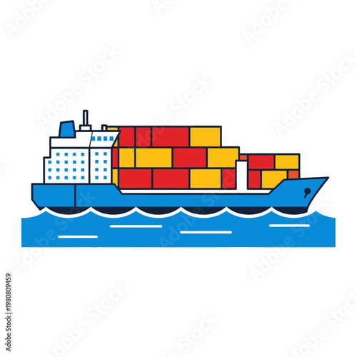 Cargo Ship Carrying Colorful Shipping Containers Sailing Across Blue Ocean Waves in Flat Design