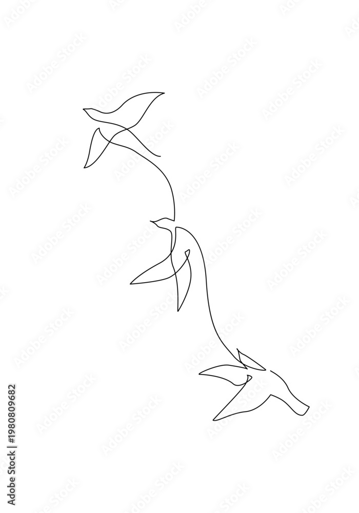 Naklejka premium Abstract birds continuous one line drawing. Flying birds line art isolated on white background in black and white colors, modern vector illustration for card, banner, poster, flyer, wallpaper