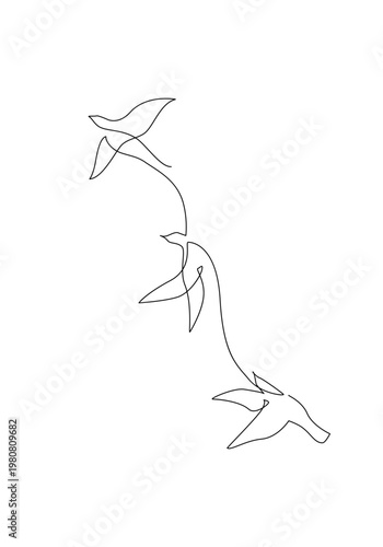 Abstract birds continuous one line drawing. Flying birds line art isolated on white background in black and white colors, modern vector illustration for card, banner, poster, flyer, wallpaper