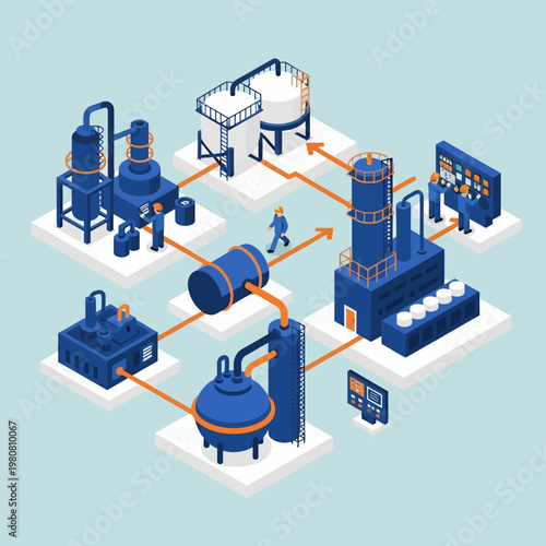 Isometric Industrial Chemical Plant Production Process Flow.