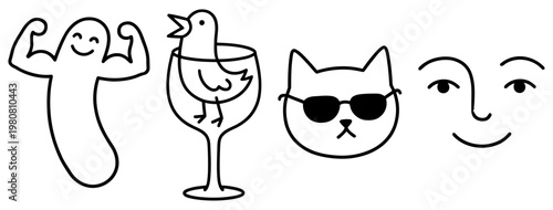 Whimsical line art features a happy ghost flexing muscles a bird in a wine glass a cool cat in sunglasses and a simple face drawing doodle cartoon funny quirky playful cute