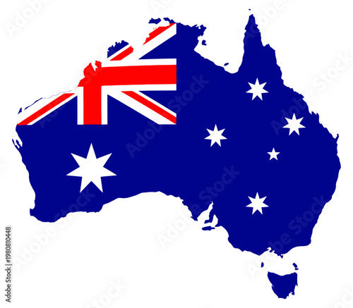 The geographic outline of Australia is filled with the colors and symbols of the Australian national flag depicting stars and a Union Jack emblem Australian flag map continent