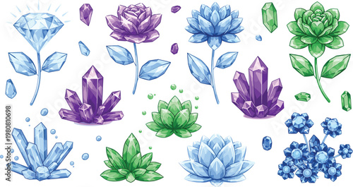 Crystal and Gemstone Floral Vector Set Featuring Crystals, Flowers, and Precious Gems in Vibrant Colors for Digital Media, Websites, and Apps