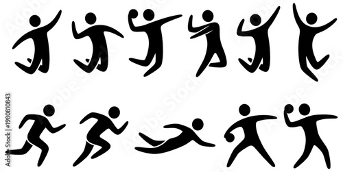 Collection of stylized black silhouette figures engaged in various athletic actions including jumping running throwing and swimming presented as icons sports silhouettes movement