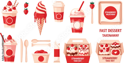 Fast Dessert Takeaway Vector Set Featuring Strawberry Ice Cream, Milkshakes, Sundaes, and Takeout Boxes for Digital Media, Websites, and Apps