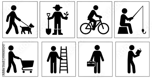 Collection of simple pictograms depicting various human activities including walking a dog gardening cycling fishing shopping climbing a ladder business and reading icons