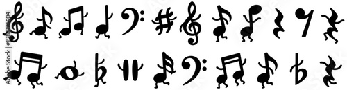 A collection of various musical notation symbols with animated anthropomorphic features including treble and bass clefs and different note durations are depicted in black silhouette