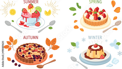 Seasonal Dessert Vector Set Featuring Summer, Spring, Autumn, and Winter Delicacies with Fruits, Ice Cream, and Cakes for Digital Media, Websites, and Apps