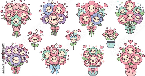 Kawaii Floral Bouquet Vector Set Featuring Cute Flower Arrangements with Adorable Characters and Pastel Colors for Digital Media, Websites, and Apps