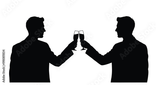 Two men in suits silhouette clinking wine glasses in a celebratory toast