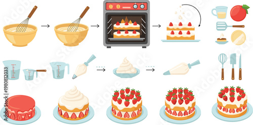 Strawberry Cake Recipe Vector Set Featuring Ingredients, Mixing, Baking, and Decoration Process for Digital Media, Websites, and Apps