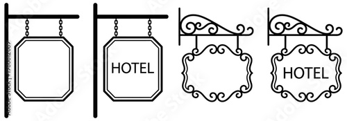 Set of four black and white hotel signs and blank signs hanging from posts and ornate brackets depicting various signage styles 176 characters vintage retro business hospitality