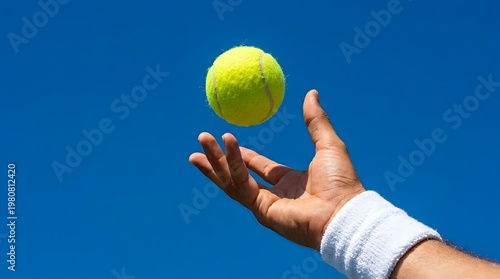Close up shot of a yellow tennis ball suspended in the air above a male hand with a white wristband against a clear blue sky background, capturing the moment of a tennis serve.
