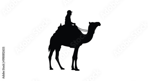 A silhouetted image depicts a person riding a camel across a blank background