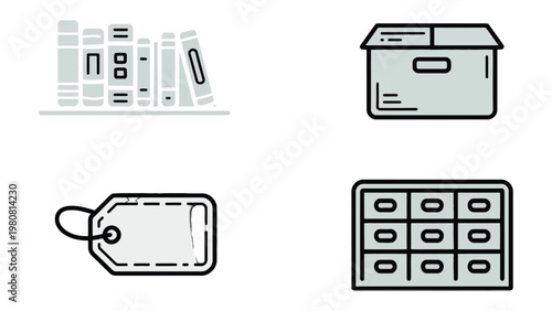 Library Essentials: An illustrated display of book, box, price tag, and cabinet, representing the building block for knowledge and organization.