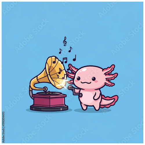 Axolotl listening to music happily.