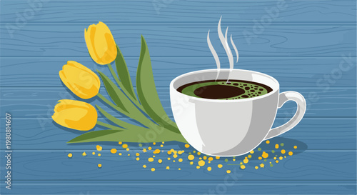 A steaming cup of dark coffee rests on a blue wooden table with yellow tulips